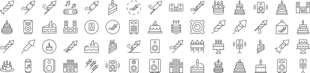 Bundle of Line Icons of Holiday, Party, Fireworks, Cooks and Stereo. Editable Stroke. Minimalistic Linear Pictogram for Design of Cards, Apps, Banners, Posts