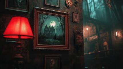 Spooky wall art featuring haunted house scenes, framed on a dimly lit wall, eerie style, soft lighting, high contrast