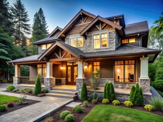 Weathered wood accents and clean lines define this modern craftsman-style house with a stone façade, metal roof, and lush greenery surrounding the inviting front porch.