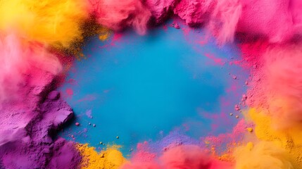 A blue background with a colorful border of powder. The powder is in different colors and is spread out in a circle