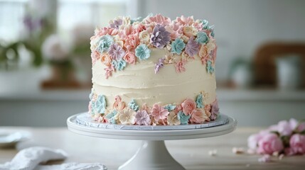 A beautifully decorated three-layer vanilla cake with pastel-colored frosting and delicate floral decorations, displayed on a white cake stand.