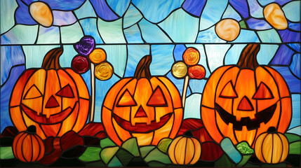 Stained-glass wallpaper background with pumpkins on Halloween