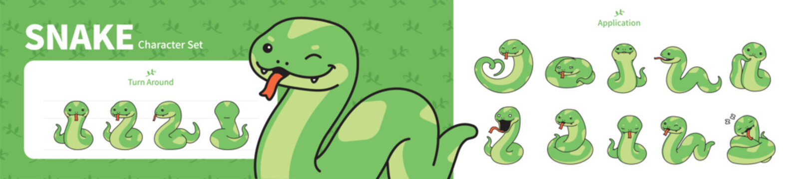 Set of cute snake character illustrations. Character turnaround and 10 moves.