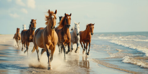 Naklejka premium A herd of wild horses running on the sandy beach. A group of horses galloping through the water on seashore.