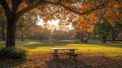 Naklejka premium Serene Picnic under the Tree Canopy: Summer Green and Autumn Gold Blend