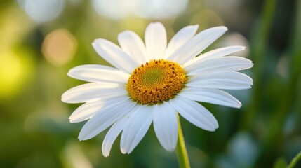 Fototapeta premium A bright white daisy with a sunny yellow center, captured in sharp focus against a blurred green field.