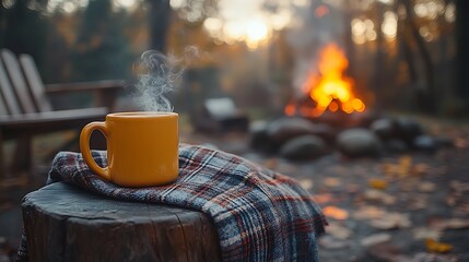 A cozy autumn setup by a fire pit, featuring a steaming mug of hot cider on a rustic table and a plaid blanket draped over a wooden chair.