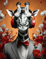 portrait of a smiling giraffe, with a red headphone, surrounded with flowers and blossoms