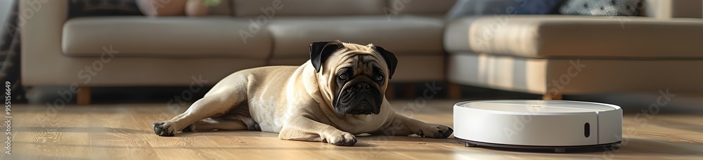 Poster multi functional home robot gently assisting with pet grooming in comfortable area