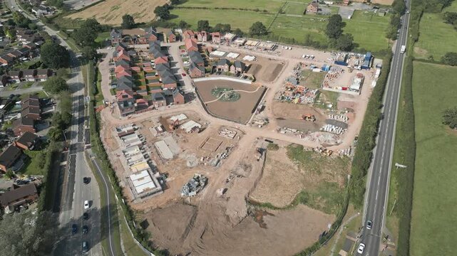 Aerial view of new Build housing development plot of land, Crewe, Cheshire, England