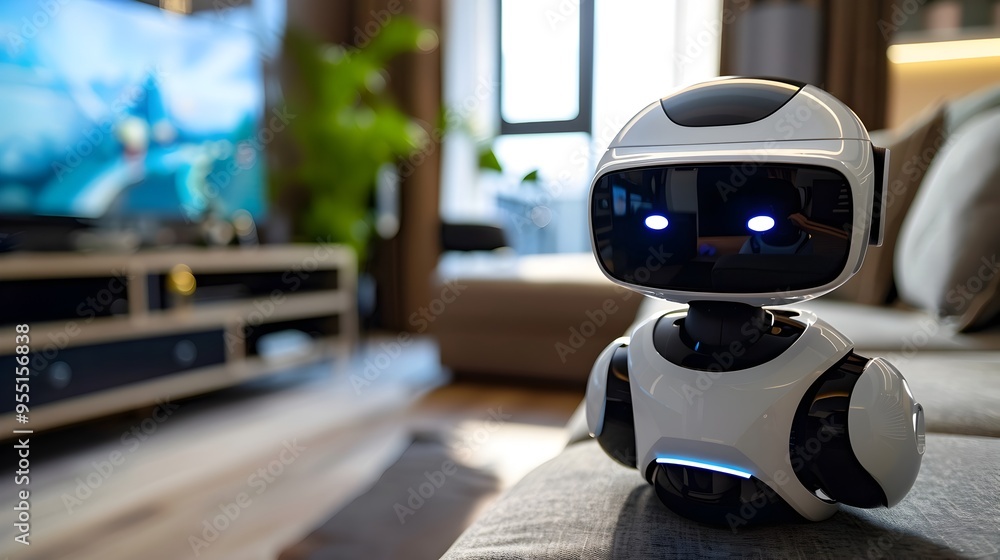 Poster ai powered home robot setting up virtual reality game in modern entertainment room