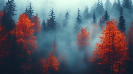 A dense forest shrouded in fog on a quiet morning, with tall trees and leaves transitioning from green to autumnal shades of red and orange. The mist creates a mysterious and serene ambiance,