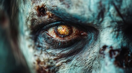 Zombie makeup with decaying skin and hollow eyes, applied on a model, horror style, close-up, soft lighting, high detail