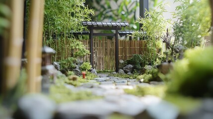 A scale model home with a wooden gate and a small bamboo garden