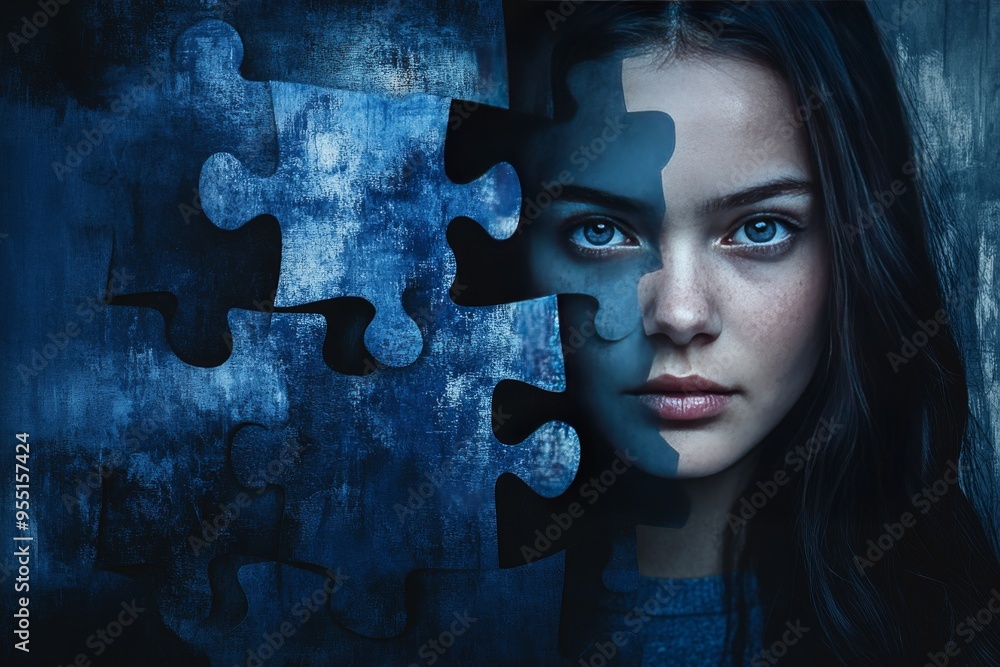 Poster abstract thinking intelligence a woman’s face partially covered by puzzle pieces symbolizing the ass