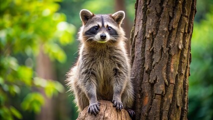 Fototapeta premium A Adult Mexican raccoon poses elegantly, its hind legs bearing its weight, paws clinging to the tree's rough