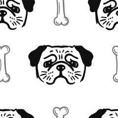 Seamless vector pattern with cute draw fluffy pug dogs and dog food., paws. Simple doodle style. Black and white