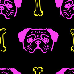 Seamless vector pattern with cute draw fluffy pug dogs and dog food., paws. Simple doodle style. Black and white