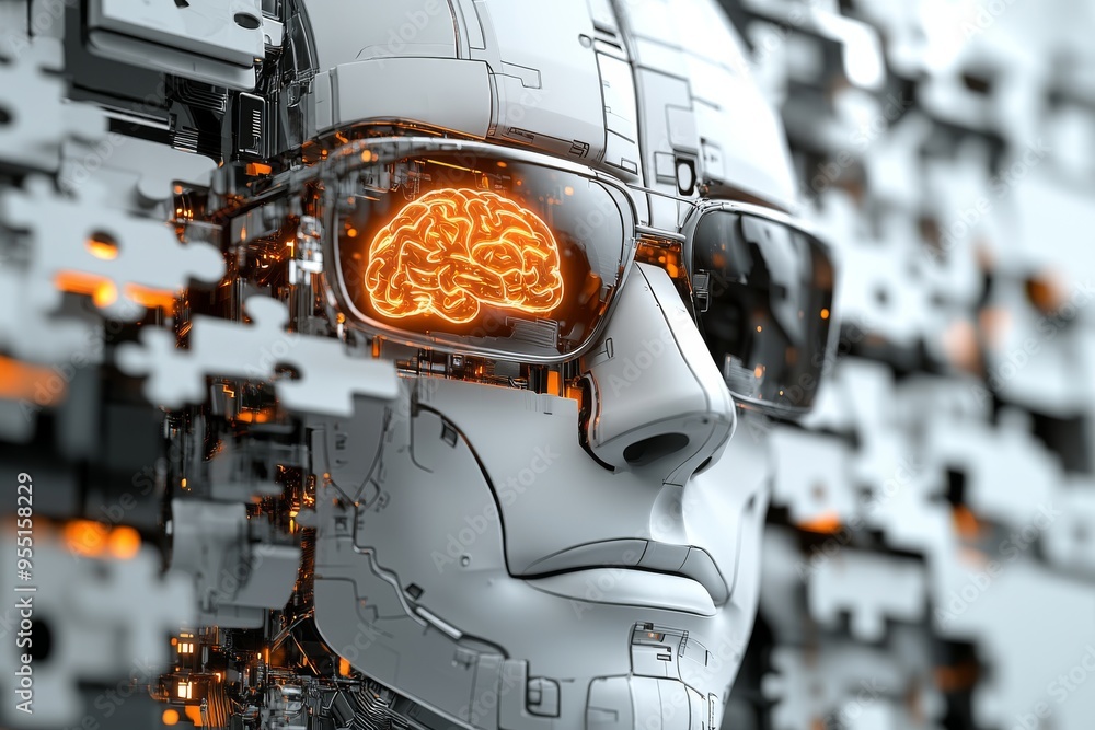 Poster cognitive processes intelligence portrait of a woman with neural networks glowing over her face symb