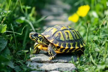 Obraz premium Yellow-bellied Slider Turtle on a Stone Path in Lush Green Grass