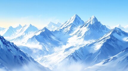 Fototapeta premium Snow-capped mountains under a clear blue sky, winter weather, cold and majestic