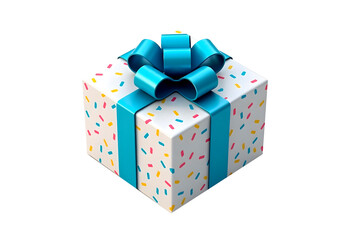White confetti gift box with a blue ribbon and bow