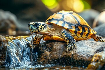 Obraz premium Yellow-bellied Turtle Drinking From a Stream
