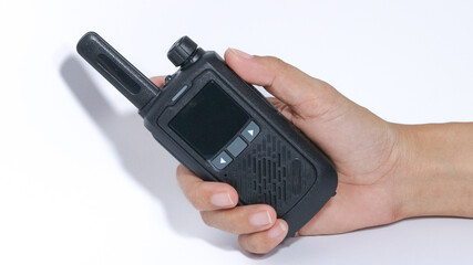 Black portable radio ht or walkie talkie in a white background