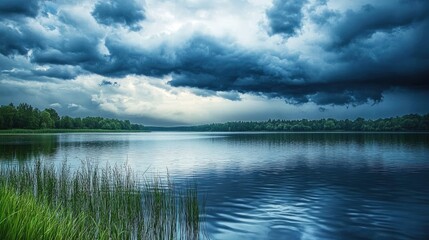 Storm clouds moving in over a calm lake, approaching weather, impending storm