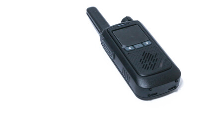 Black portable radio ht or walkie talkie in a white background