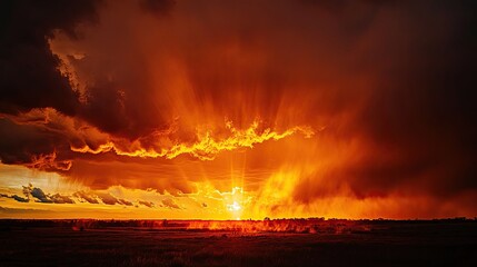 Sun setting behind a line of thunderstorms on the horizon, dramatic weather, contrast of light and dark