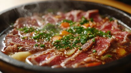 Tender Wagyu Beef Slices Cooking in Sukiyaki Broth with Fresh Vegetables - Close-Up Shot