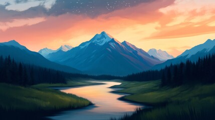 Majestic Mountain Range with River and Sunset Sky