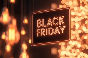 Black neon Black Friday sign with glowing bokeh lights, sale banner concept