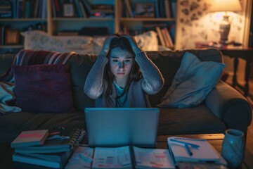 Obraz premium young woman sitting on a couch at home, surrounded by a laptop, notebooks, and documents. she is holding her head 
