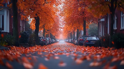 A peaceful autumn street with trees on either side, their leaves turning vivid shades of orange and red. The fallen leaves cover the ground, and the warm light of the setting sun enhances the cozy,