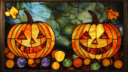 Stained-glass wallpaper background with pumpkins on Halloween