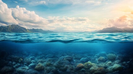 Underwater Sea Landscape with Mountains and Sunlit Clouds