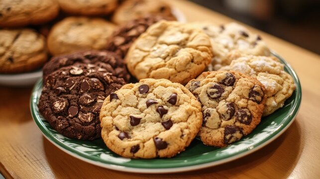 A collection of freshly baked cookies, including chocolate chip, oatmeal raisin, and sugar cookies, on a plate.