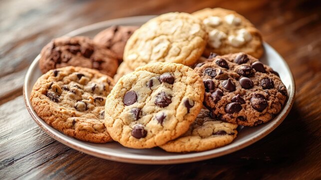 A collection of freshly baked cookies, including chocolate chip, oatmeal raisin, and sugar cookies, on a plate.