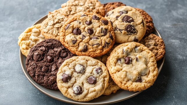 A collection of freshly baked cookies, including chocolate chip, oatmeal raisin, and sugar cookies, on a plate.