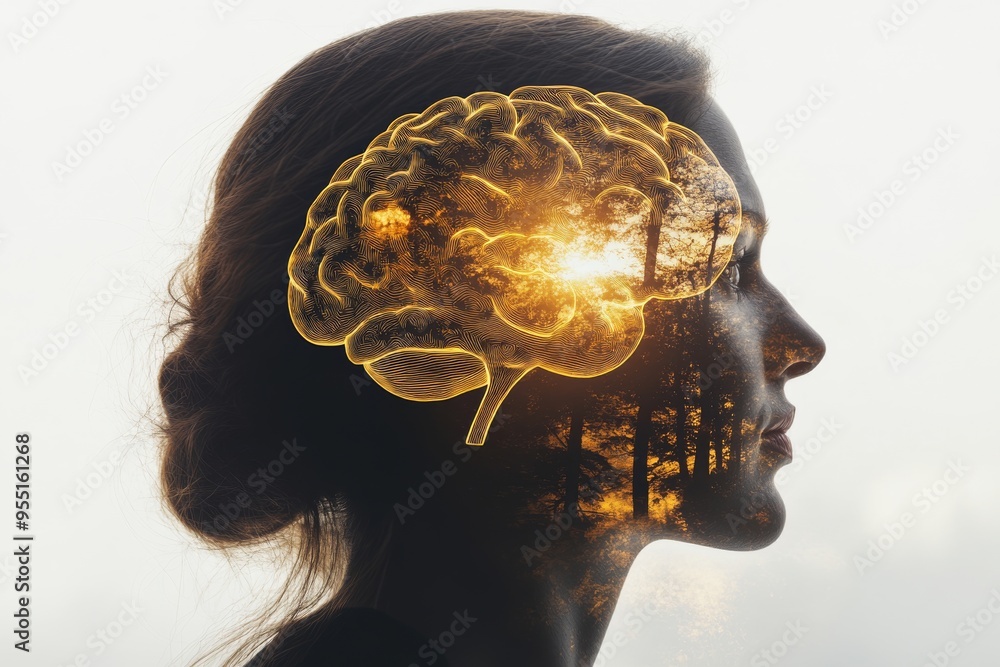 Poster parallel thinking gray matter a womans profile with a glowing brain and neural networks symbolizing 