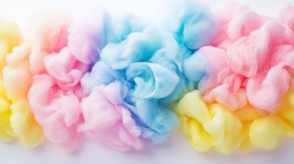 Fototapeta premium A colorful assortment of cotton candy in pastel pink, blue, and yellow, arranged on a white background.