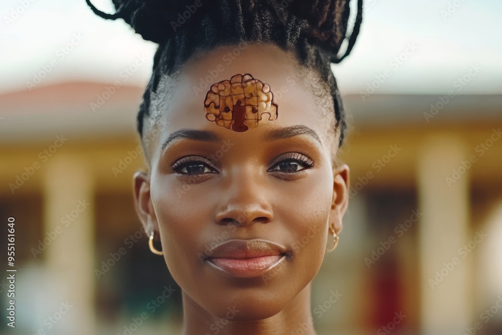 Poster sequential thinking gray matter a woman with a glowing brain in a vibrant setting symbolizing intell