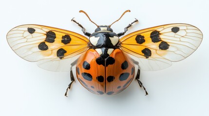 A ladybug in mid-flight with wings fully spread