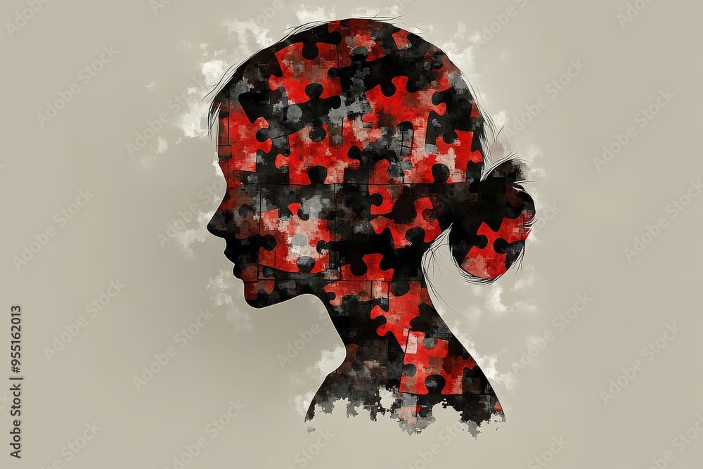 Poster logical thinking gray matter a silhouette of a womans head filled with red puzzle pieces symbolizing