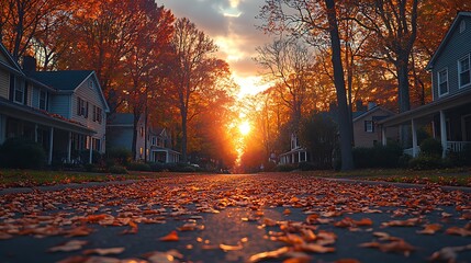 A quiet autumn street with leaves scattered on the pavement, framed by trees in full fall colors. The soft, golden light of the setting sun creates a peaceful and inviting atmosphere, hd quality,
