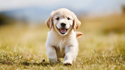 A fluffy golden retriever puppy playing in a grassy field, with a joyful expression and wagging tail.