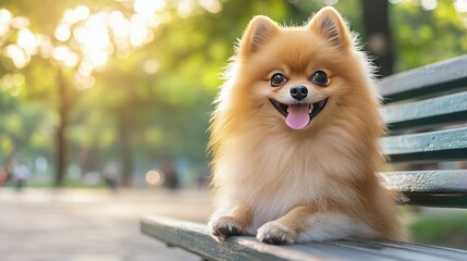 A fluffy Pomeranian dog with a stylish haircut, sitting on a bench in a park with its tongue out.
