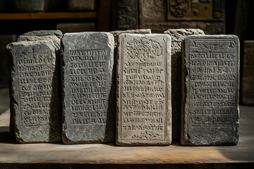Ancient stone tablets with inscribed commandments, representing a historical and religious symbol of moral and ethical guidelines.